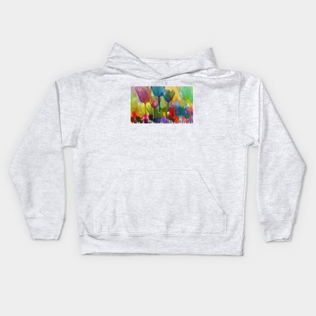 Rainbow Watercolor Tulips Kids Hoodie by FloralPatterns